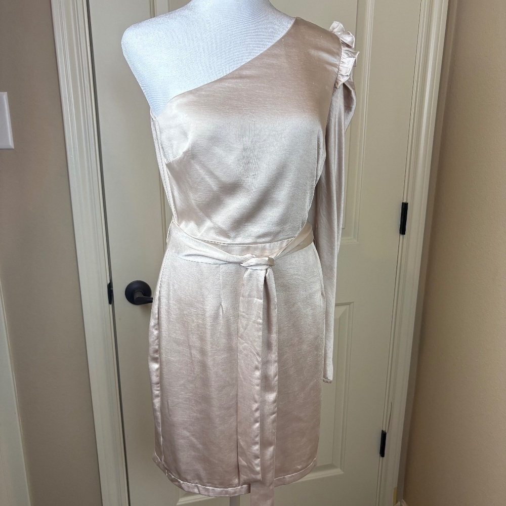 NWT Aakaa Champagne One Shoulder Lined Mini Dress w/ Ruffle Accent and Tie Belt
